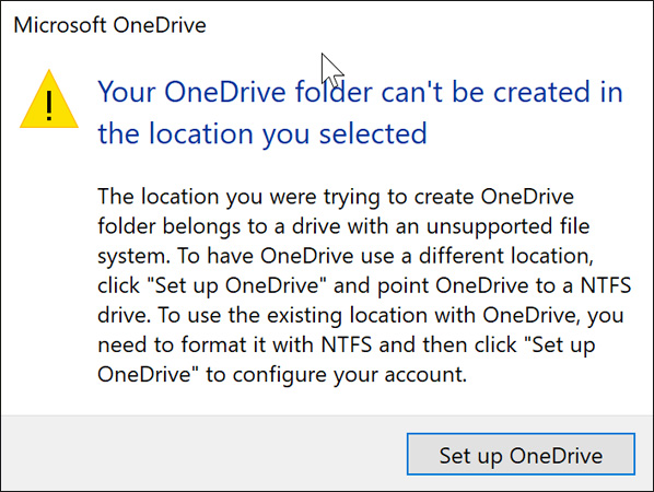 Thông báo khi truy cập OneDrive bằng định dạng không phải NTFS