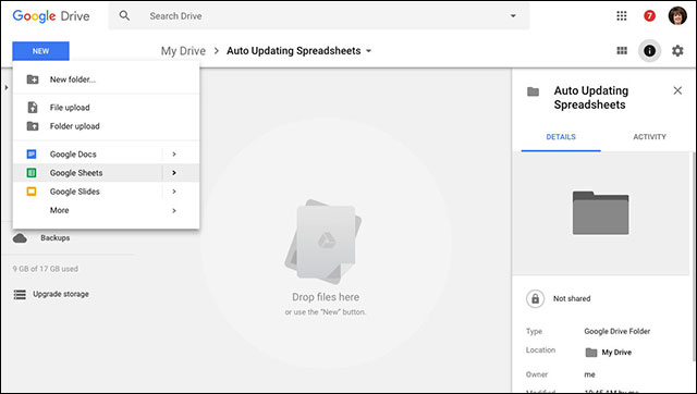 Tạo mới bảng tính Google Spreadsheet