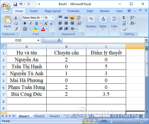 Bảng thống kê Excel