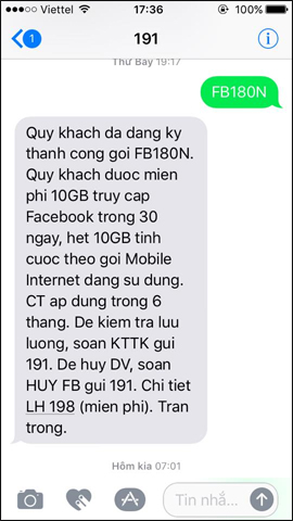 Đăng ký gói cước Facebook miễn phí