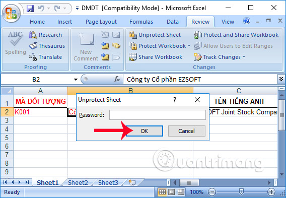 Nhập lại mật khẩu sheet Excel