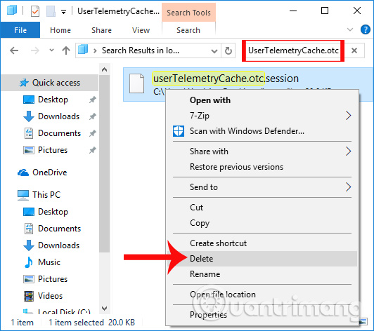 Xóa tập tin UserTelemetryCache.otc