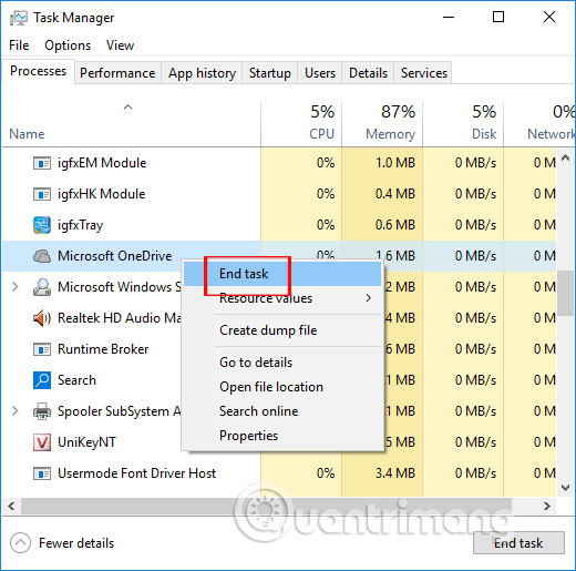 Dừng hoạt động OneDrive
