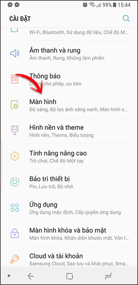 Nhấp chọn mục Màn hình