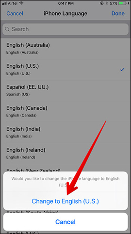 Xác nhận đổi ngôn ngữ iPhone
