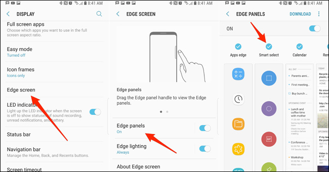 Settings > Display > Edge screen > Edge panels > và nhấn chọn bảng điều khiển Smart Select