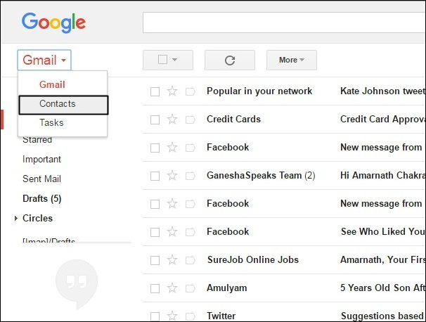 Chọn mục "Contacts" trong Gmail