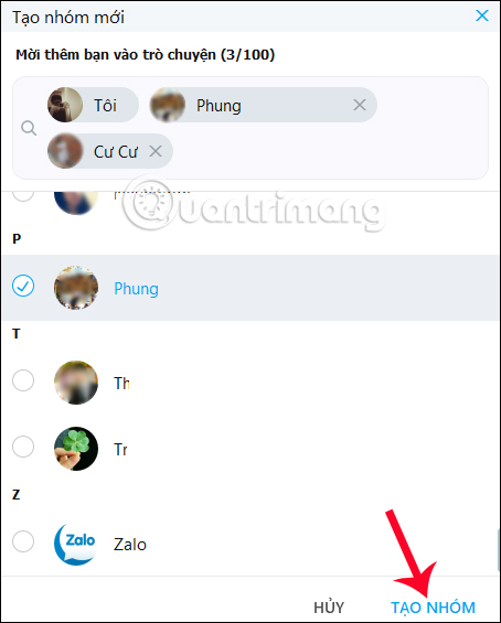 Nhập tên cho nhóm chat Zalo