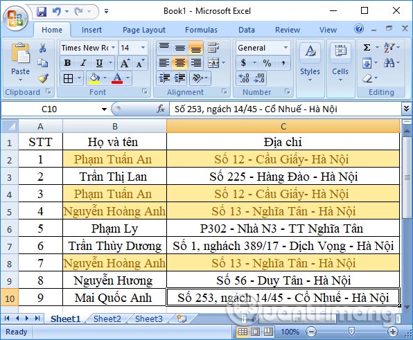 Đánh dấu dữ liệu trùng lặp trong bảng Excel