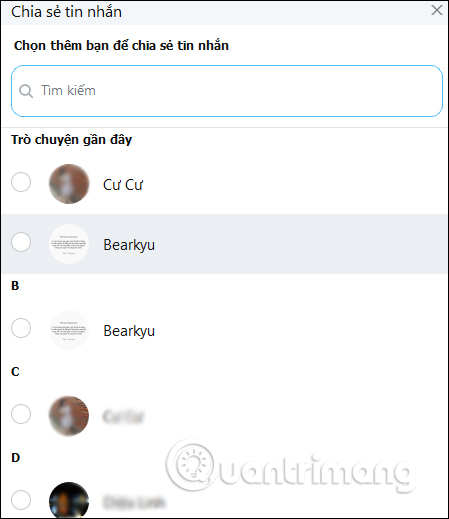 Tìm bạn bè chia sẻ tin nhắn Zalo 