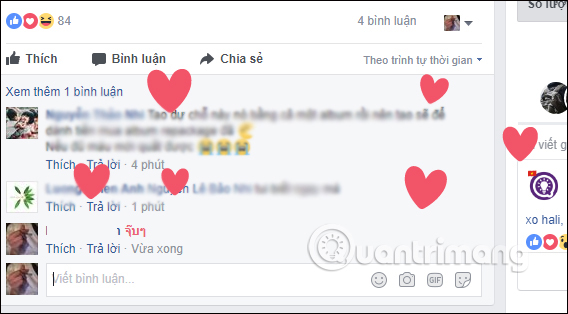 Tiếng Thái hiện hiệu ứng tim bay Facebook