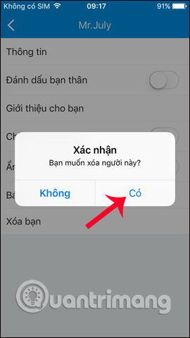 Xác nhận xóa bạn bè Zalo