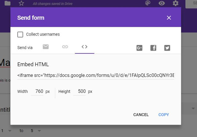 Dán code để nhúng Google Forms