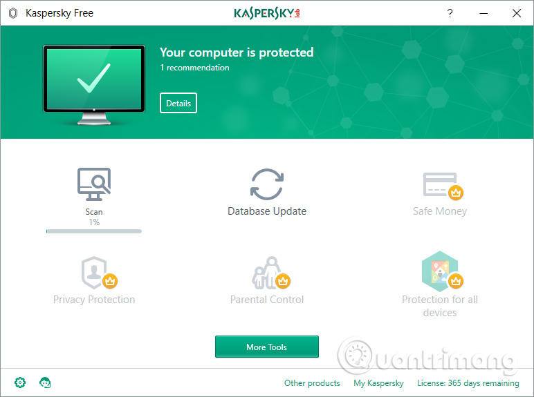 Giao diện phần mềm Kaspersky Free