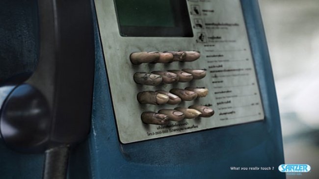 Quảng cáo điện thoại công cộng này sẽ khiến bạn liên tưởng đến quảng cáo vệ sinh tay thì đúng hơn