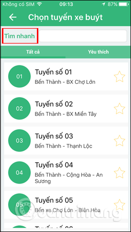 Tìm nhanh tuyến xe buýt
