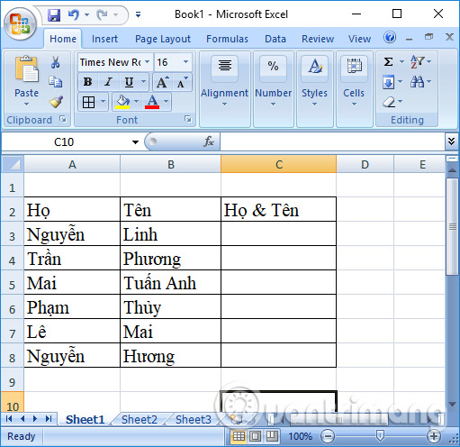 Bảng Excel gộp cột 