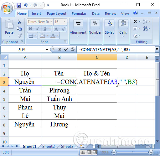 Sử dụng hàm Concatenate nối cột Excel