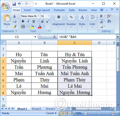 Cách gộp 2 cột Họ và Tên trong Excel không mất nội dung