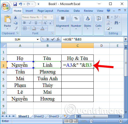 Cách gộp 2 cột Họ và Tên trong Excel không mất nội dung