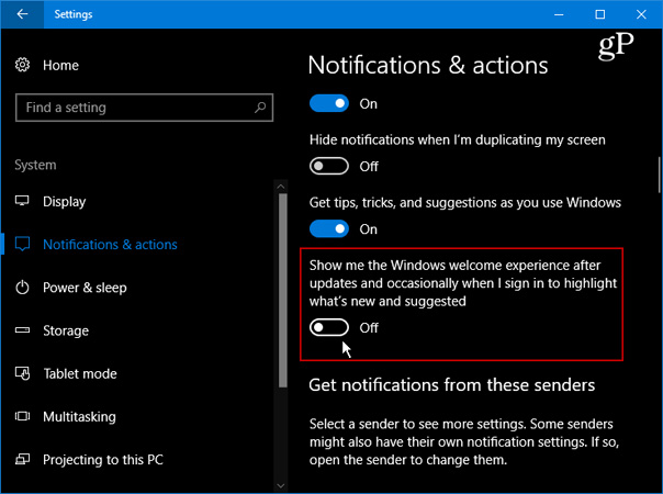 Tìm tùy chọn có tên Show me the Windows welcome experience after updates...