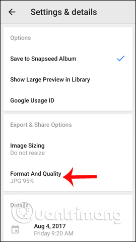Tùy chọn cài đặt cho Snapseed