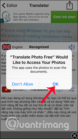 Translate Photo truy cập album