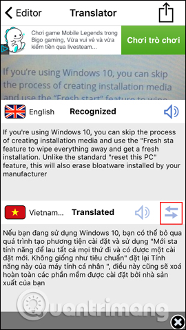Dịch văn bản trên Translate Photo