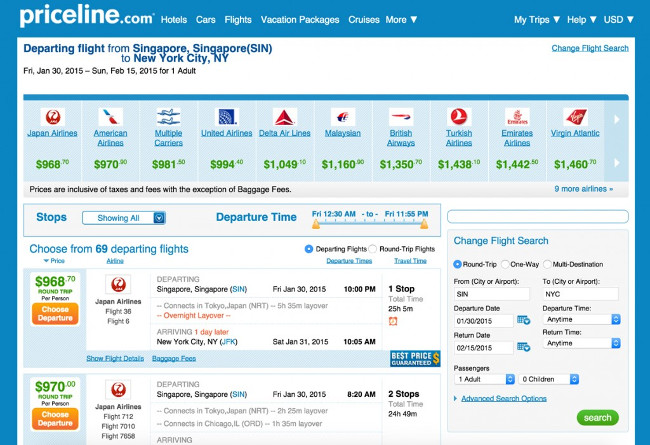 Priceline còn cung cấp thông tin giá vé rẻ nhất theo các hãng