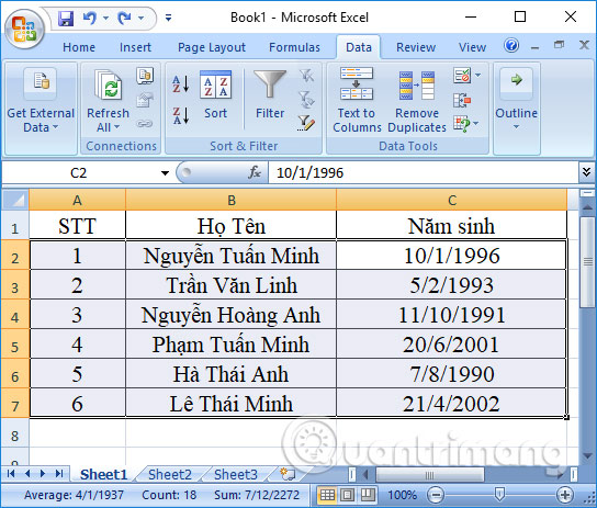 Bảng dữ liệu Excel