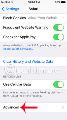 Cài đặt nâng cao Safari