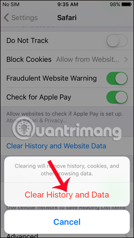 Xóa dữ liệu duyệt web Safari