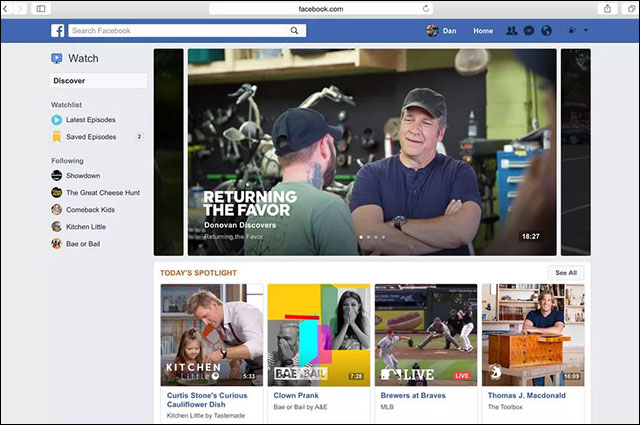 Giao diện trang Watch của Facebook với các tính năng xoay quanh video 