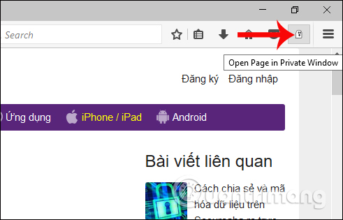 Nhấp vào tiện ích Open Page in Private Window