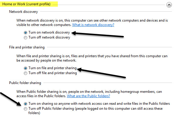 Chọn mục các mục trong thiết lập mạng hiện tại 