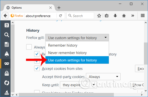 Tùy chọn lưu lịch sử trên Firefox