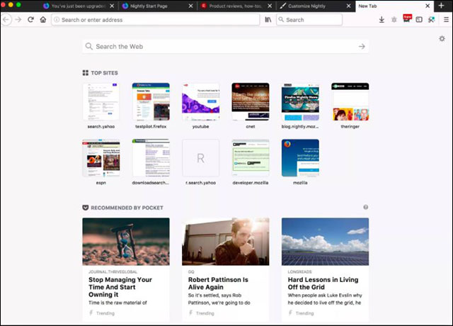 Giao diện trang New Tab mới trên Firefox Nightly 