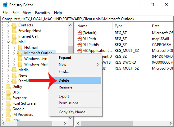 Xóa khóa Microsoft Outlook