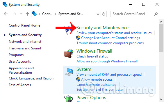 Nhấn Security and Maintenance