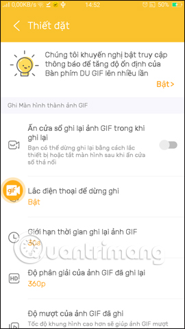 Danh sách thiết lập trên DU GIF Maker