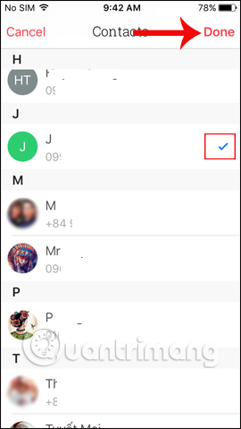 Chọn số liên lạc gửi tin nhắn 