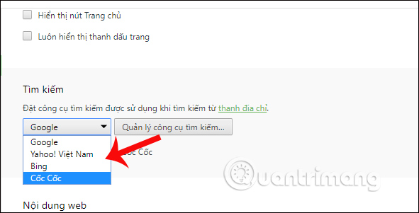 Chọn công cụ tìm kiếm mặc định