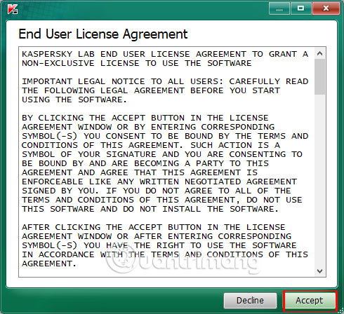 Điều khoản cài đặt Kaspersky Virus Removal Tool