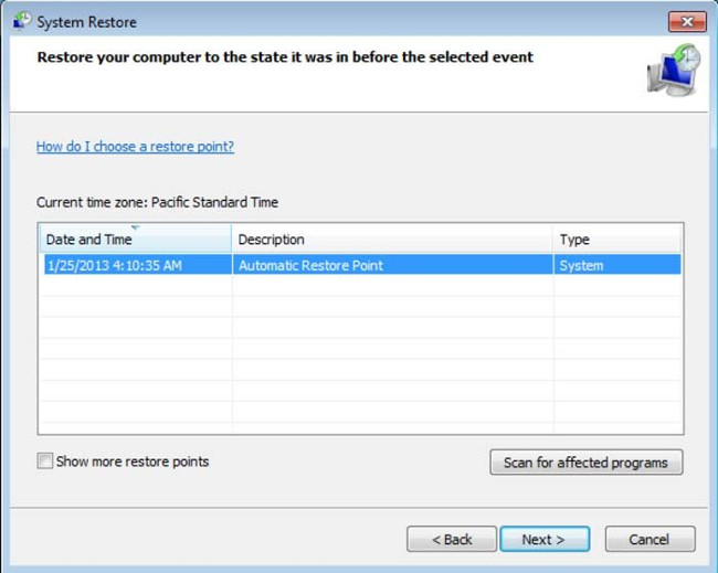 Chọn thời điểm khôi phục