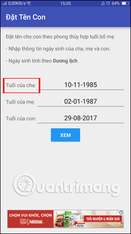 Giao diện ứng dụng Đặt tên cho Con