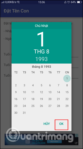 Chọn ngày năm sinh của mẹ
