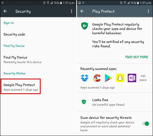 Settings -> Google -> Security- > Google Play Protect