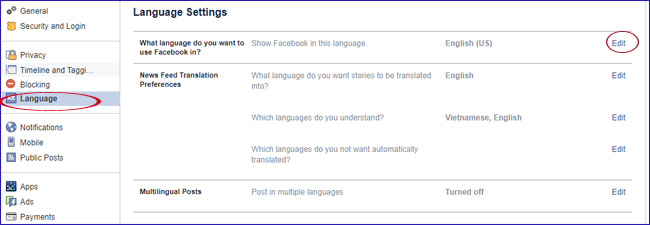 Click Edit để đổi ngôn ngữ Facebook