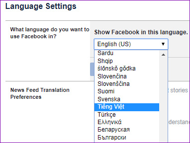Chọn ngôn ngữ tiếng Việt cho Facebook