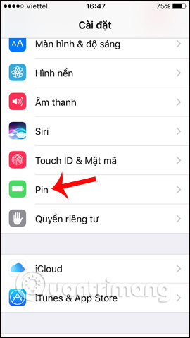 Nhấn chọn mục Pin